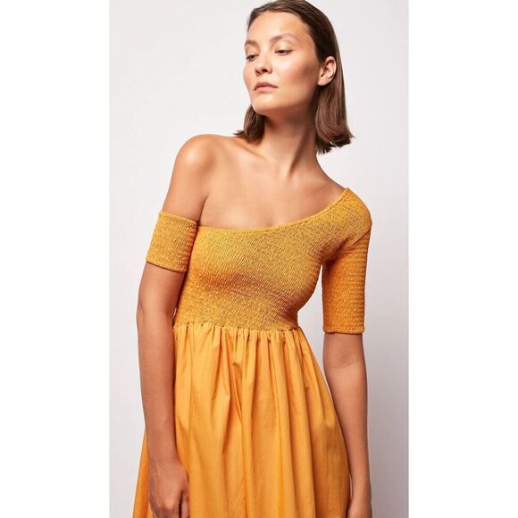 SWF Asymmetric Golden Yellow Maxi Dress vacation Wedding Guest size S NWOT - Picture 4 of 7